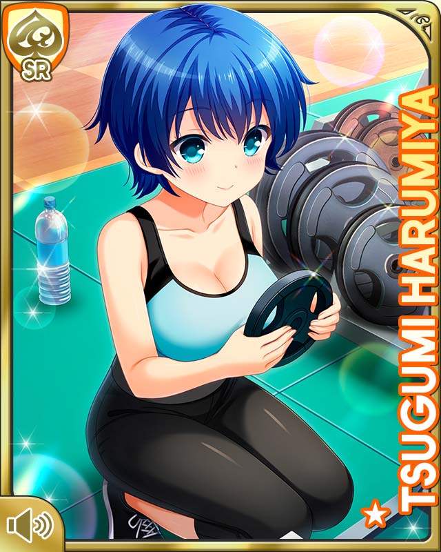 qp:flapper, harumiya tsugumi, girlfriend (kari), official art, tagme, 1girl, black pants, blue bra, blue hair, bra, breasts, card (medium), character name, closed mouth, day, female focus, gym, indoors, kneeling, looking at object, midriff, navel, pants, red eyes, short hair, smile, solo, underwear, weights, workout clothes