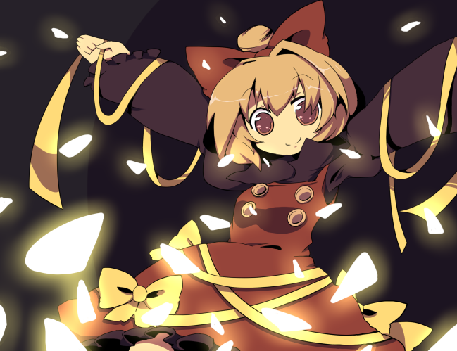 azuma seiji, kurodani yamame, touhou, 1girl, arms up, blonde hair, blush, bow, dress, female focus, hair bow, long sleeves, looking at viewer, outstretched arms, red bow, red dress, short hair, solo, tareme