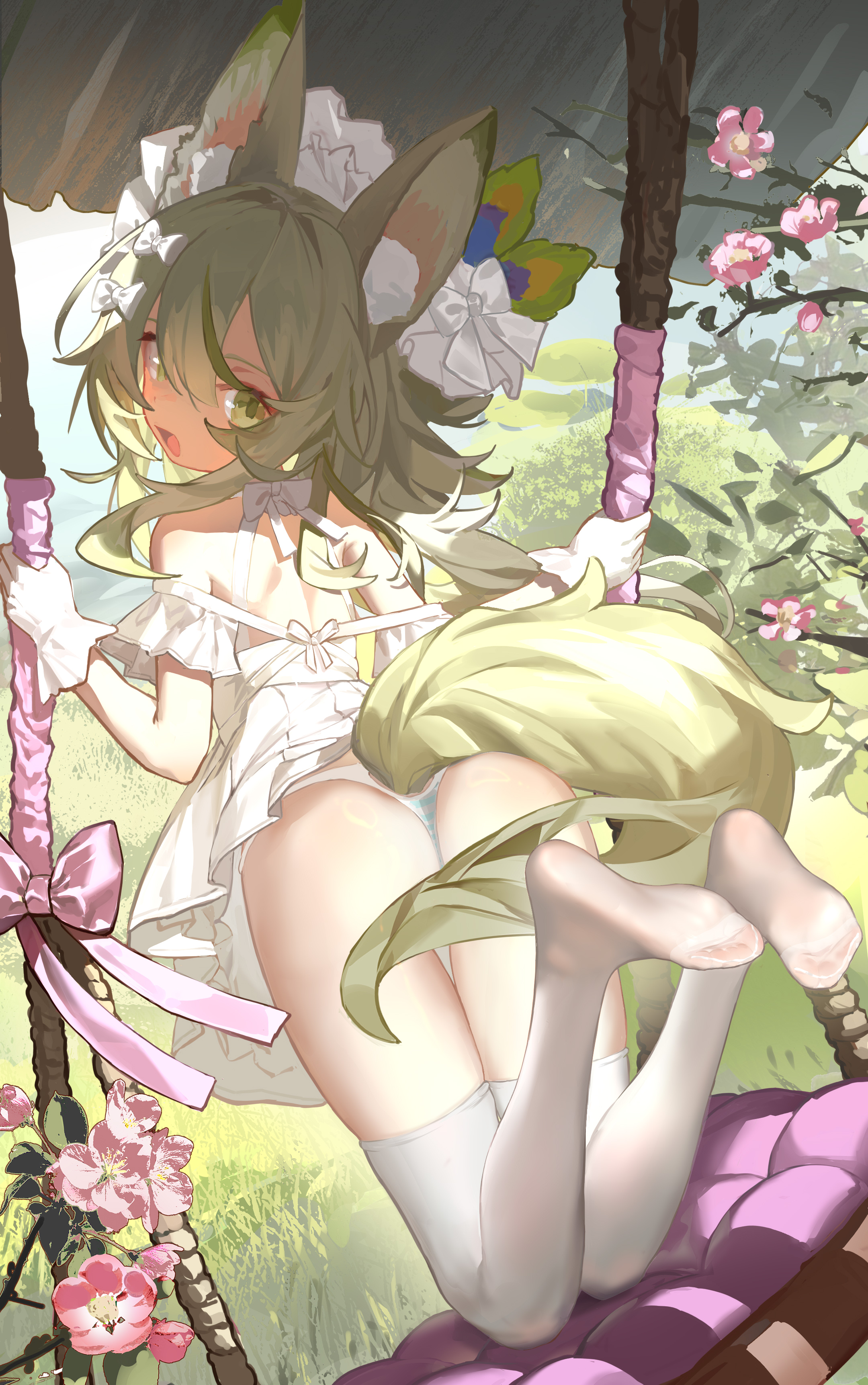 kele mimi, negiwolf, original, absurdres, chinese commentary, highres, large variant set, variant set, 1girl, animal ear fluff, animal ears, ass, blue panties, dress, feet, flower, gloves, green eyes, green hair, looking at viewer, looking back, medium hair, no shoes, on swing, open mouth, panties, short dress, soles, solo, striped clothes, striped panties, swing, tail, thighhighs, toes, underwear, white dress, white gloves, white thighhighs, wolf ears, wolf girl, wolf tail