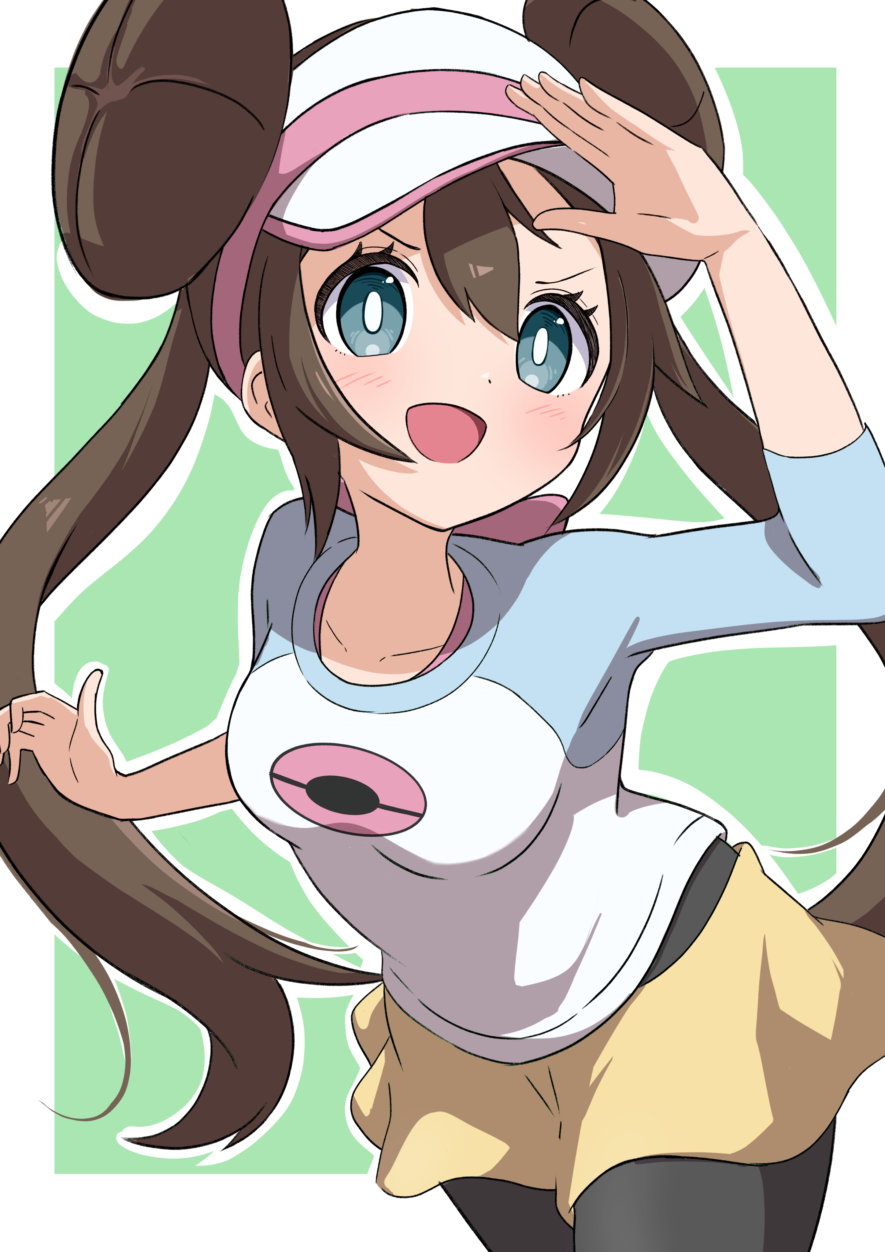 rono (lethys), rosa (pokemon), nintendo, pokemon, pokemon bw2, absurdres, highres, 1girl, :d, arm up, black leggings, blue eyes, blush, breasts, brown hair, double bun, hair bun, leggings, leggings under shorts, long hair, medium breasts, open mouth, print shirt, raglan sleeves, shirt, shorts, smile, solo, twintails, v-shaped eyebrows, very long hair, visor cap, yellow shorts