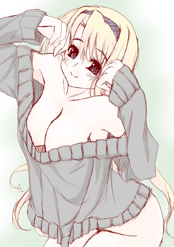 frapowa, carim gracia, lyrical nanoha, mahou shoujo lyrical nanoha, mahou shoujo lyrical nanoha strikers, 00s, blonde hair, blush, bottomless, breasts, cleavage, headband, large breasts, no bra, oversized clothes, smile, solo, sweater