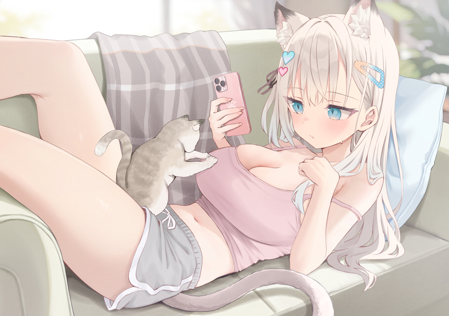 akino ell, moka-chan (akino ell), original, commentary request, 1girl, animal ear fluff, animal ears, black ribbon, blue eyes, blue shorts, blurry, blush, breasts, camisole, cat, cat ears, cat girl, cat tail, couch, dolphin shorts, extra ears, fingernails, grey camisole, grey cat, grey hair, hair ornament, hair ribbon, hairclip, heart, heart hair ornament, holding, holding phone, large breasts, long hair, lying, navel, on back, on couch, one side up, phone, ribbon, short shorts, shorts, skindentation, sweat, tail, thighs, tongue, tongue out
