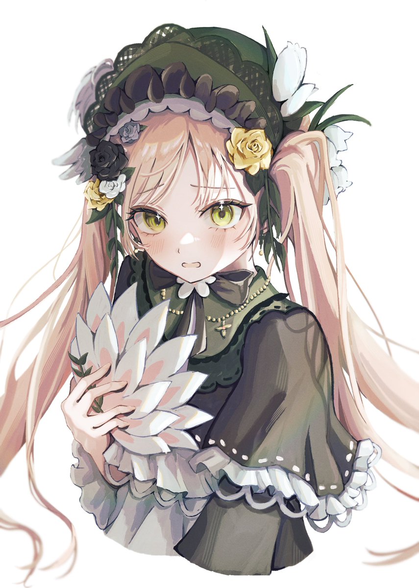 tono hanna, mahou shoujo no majo saiban, 0 tsunamayo 0, 1girl, black flower, black rose, blonde hair, blue flower, blue rose, bonnet, dress, flower, frilled dress, frills, green bonnet, green dress, green eyes, hand fan, holding, holding fan, long hair, looking at viewer, parted lips, rose, simple background, solo, twintails, very long hair, white background, white flower, white rose, yellow flower, yellow rose