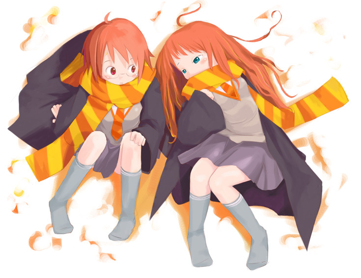 harry potter, hermione granger, ron weasley, harry potter (series), wizarding world, 1boy, 1girl, ahoge, alternate eye color, alternate hair color, animification, aqua eyes, feet, genderswap, genderswap (mtf), glasses, kneehighs, lying, necktie, orange hair, orange scarf, red eyes, scar, scarf, school uniform, short hair, sitting, skirt, socks, striped clothes, striped scarf