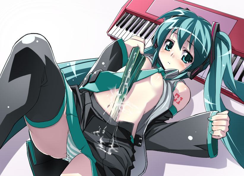 yoshihara maito, hatsune miku, vocaloid, aqua eyes, blush, cum, green eyes, instrument, panties, solo, spring onion, striped clothes, striped panties, synthesizer, thighhighs, twintails, underwear