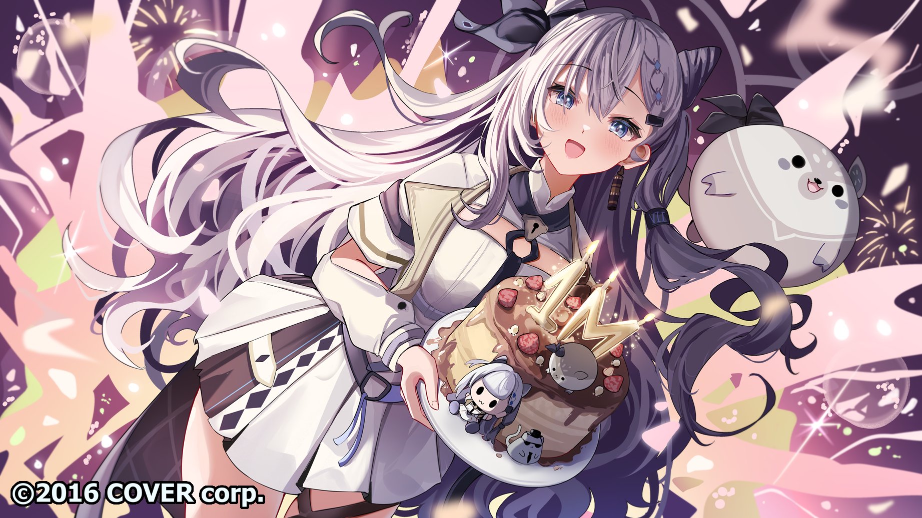 rokusketch, vestia zeta, vestia zeta (1st costume), hololive, highres, 1girl, black bow, bow, candle, cone hair bun, copyright notice, cropped jacket, double bun, dress, earrings, grey eyes, grey hair, hair bow, hair bun, holding, holding plate, jacket, jewelry, long hair, milestone celebration, open mouth, plate, pleated dress, smile, thigh strap, virtual youtuber, white dress, white jacket