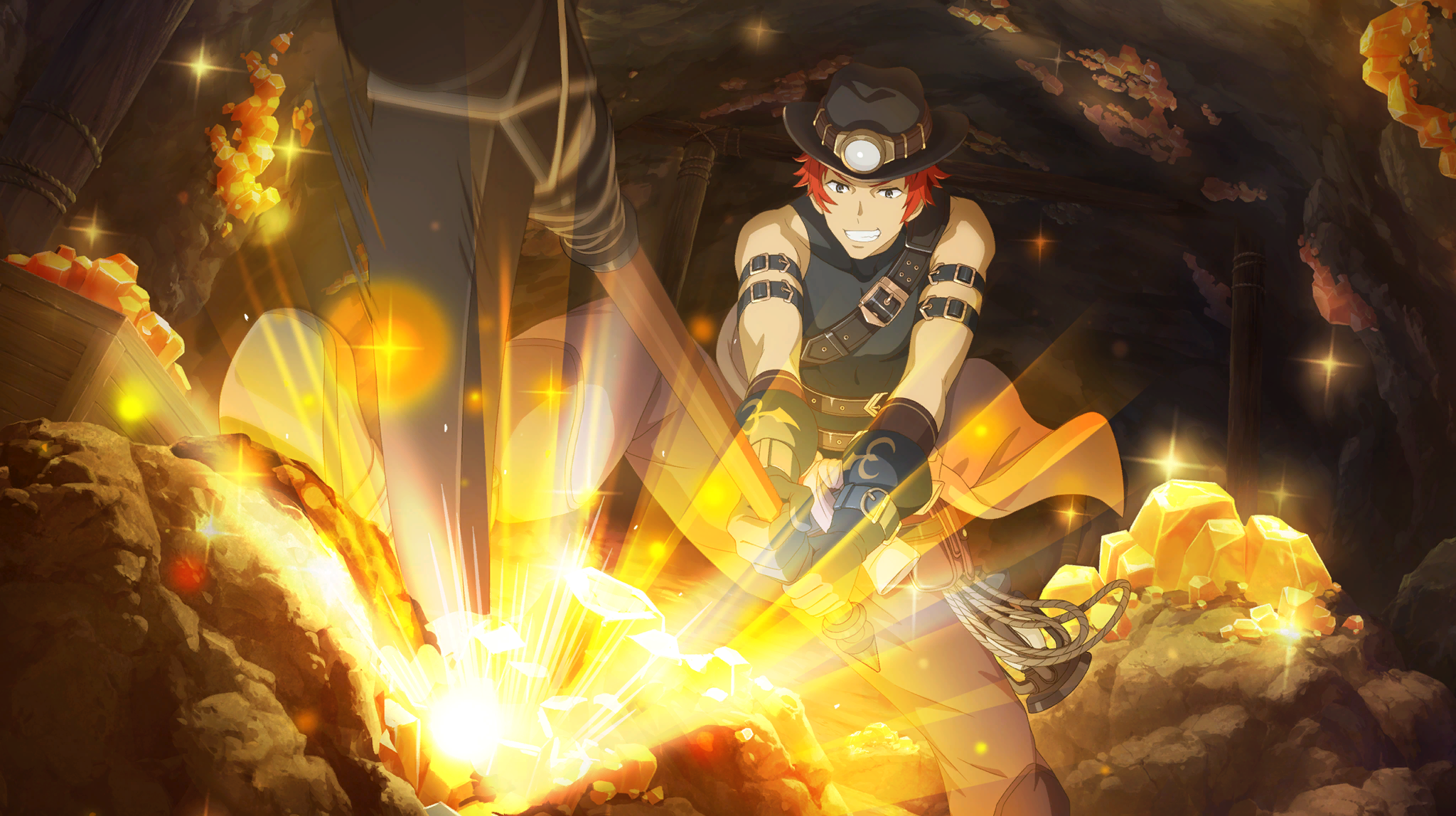 welf crozzo, danmachi battle chronicle, dungeon ni deai wo motomeru no wa machigatteiru darou ka, game cg, highres, non-web source, official art, 1boy, anime coloring, arm belt, belt, black belt, black gloves, black hat, black shirt, brown pants, cave interior, fedora, foreshortening, gloves, glowing, gold, grey eyes, grin, hat, holding, holding pickaxe, lantern, looking down, male focus, mining, official alternate costume, pants, pickaxe, red hair, rope, shirt, short hair, sleeveless, sleeveless shirt, smile, solo