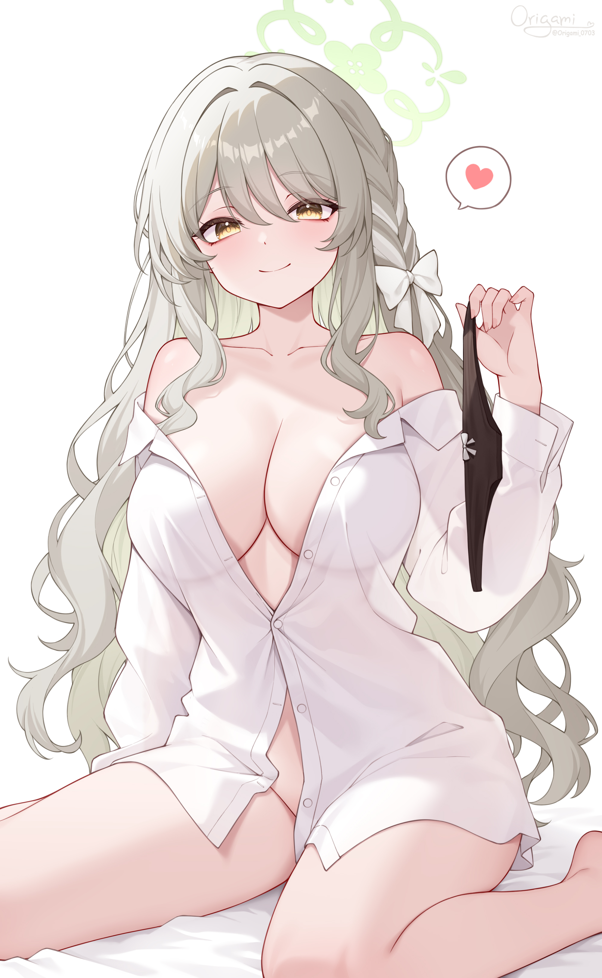 origami (poinia), miyo (blue archive), blue archive, absurdres, highres, 1girl, black panties, blush, breasts, cleavage, closed mouth, collarbone, green halo, halo, heart, holding, holding panties, holding underwear, holding unworn clothes, large breasts, long hair, long sleeves, looking at viewer, no panties, panties, partially unbuttoned, shirt, simple background, sitting, smile, solo, thighs, underwear, unworn panties, white background, white shirt, yellow eyes