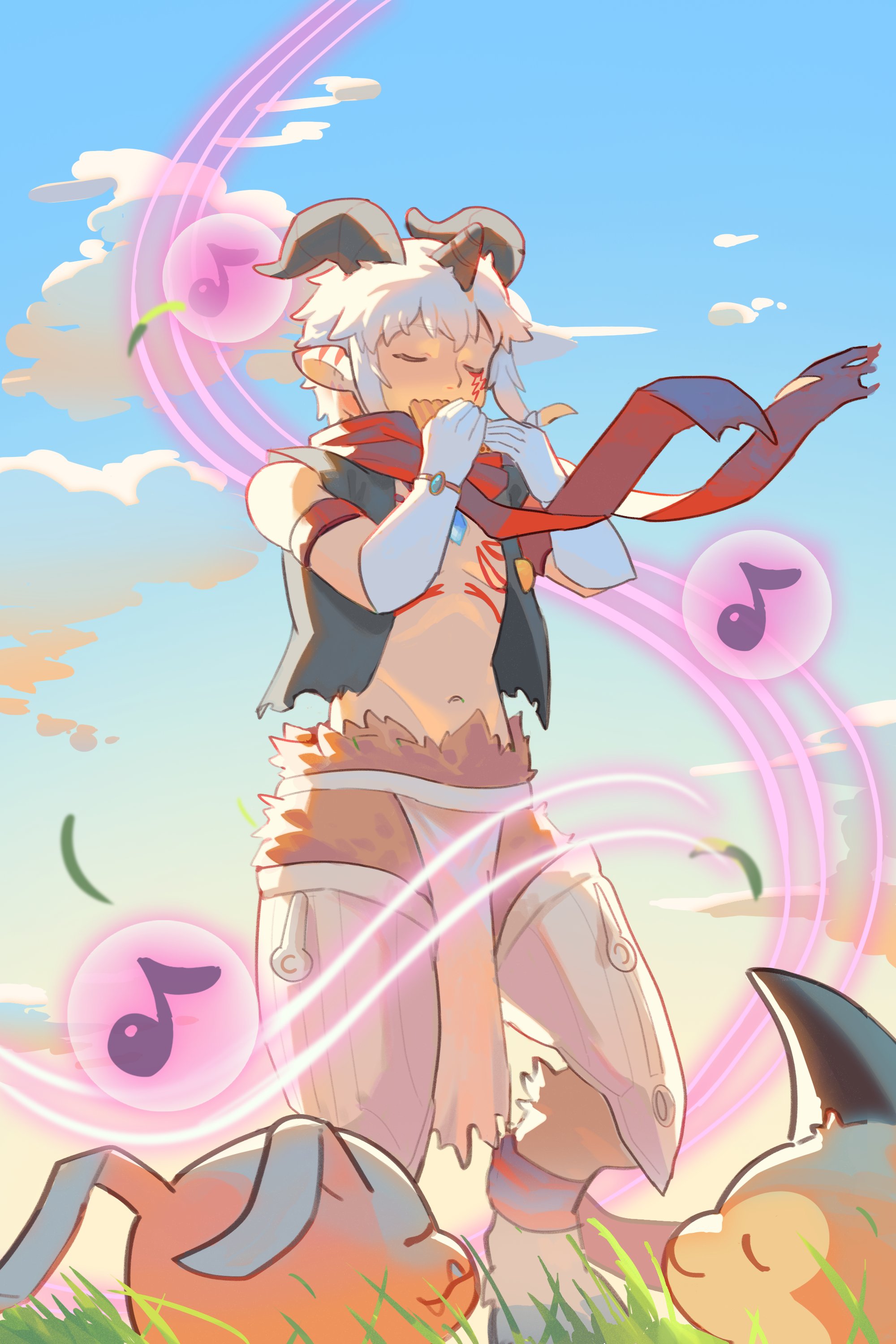 765 nanami, aegiomon, koromon, tunomon, digimon, digimon story: time stranger, absurdres, highres, 1boy, black vest, chest jewel, closed eyes, core crystal (xenoblade), digimon (creature), facial mark, gloves, goat boy, grey hair, horns, instrument, male focus, music, no shoes, on grass, outdoors, playing instrument, solo focus, vest, white gloves