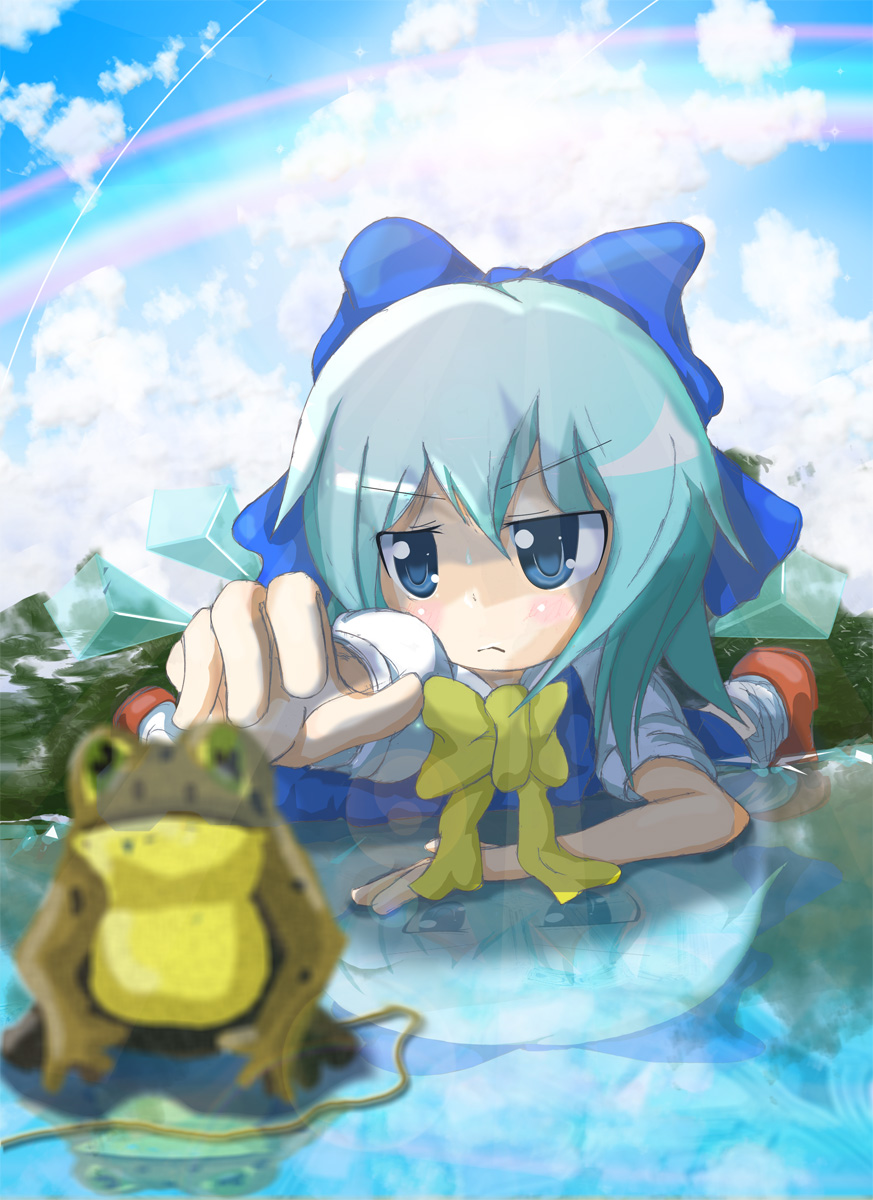 namwons, cirno, embodiment of scarlet devil, touhou, highres, 1girl, blue eyes, blue hair, blurry, depth of field, female focus, frog, hair between eyes, ice, matching hair/eyes, solo