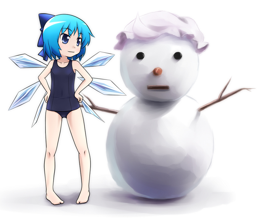 kusaba, kusaba (kusabashiki), cirno, letty whiterock, perfect cherry blossom, touhou, 1girl, barefoot, child, cosplay, female focus, flat chest, hands on own hips, letty whiterock (cosplay), one-piece swimsuit, school swimsuit, snow, snowman, solo, swimsuit, white background