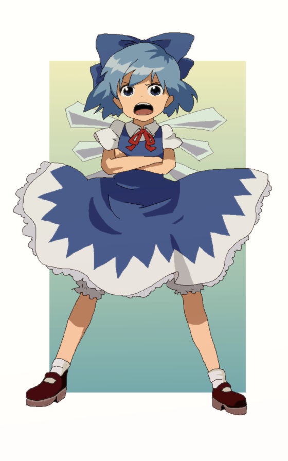fujihara, cirno, embodiment of scarlet devil, touhou, 1girl, blue eyes, blue hair, bow, crossed arms, female focus, hair bow, matching hair/eyes, solo, wings