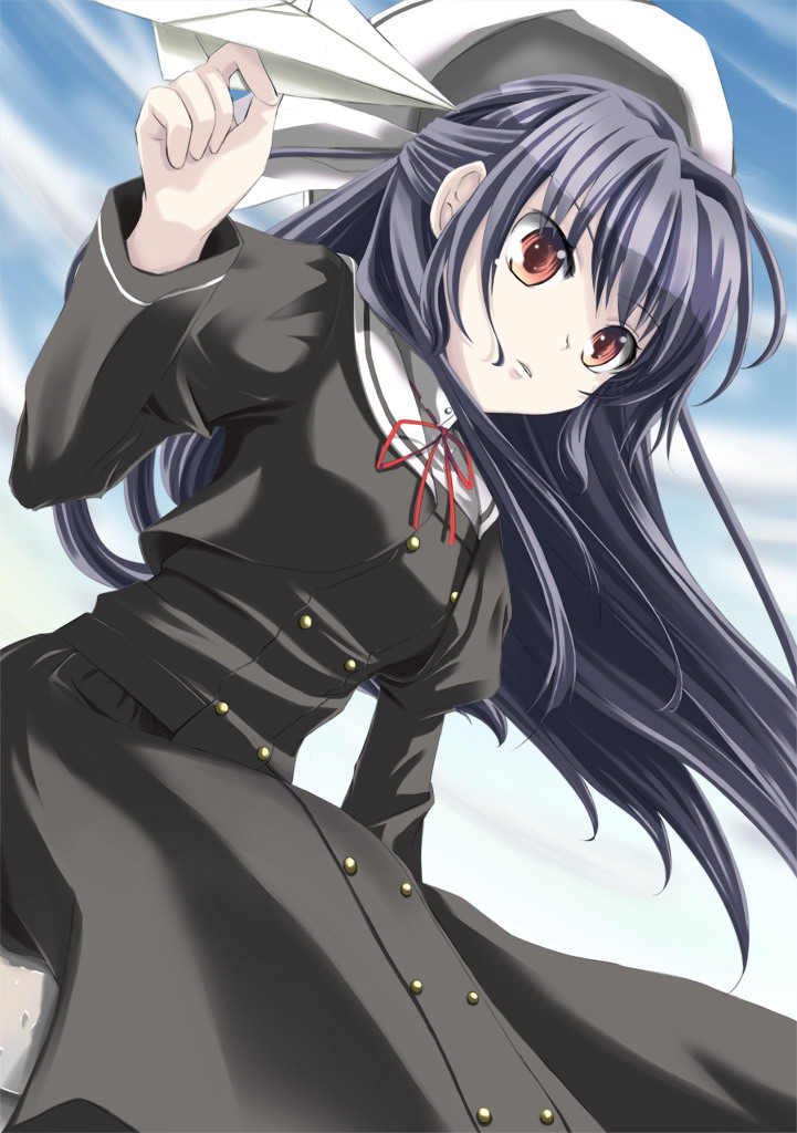 selenoring, amamiya yuuko, ef (visual novel), 00s, blue hair, hat, long hair, paper airplane, red eyes, solo