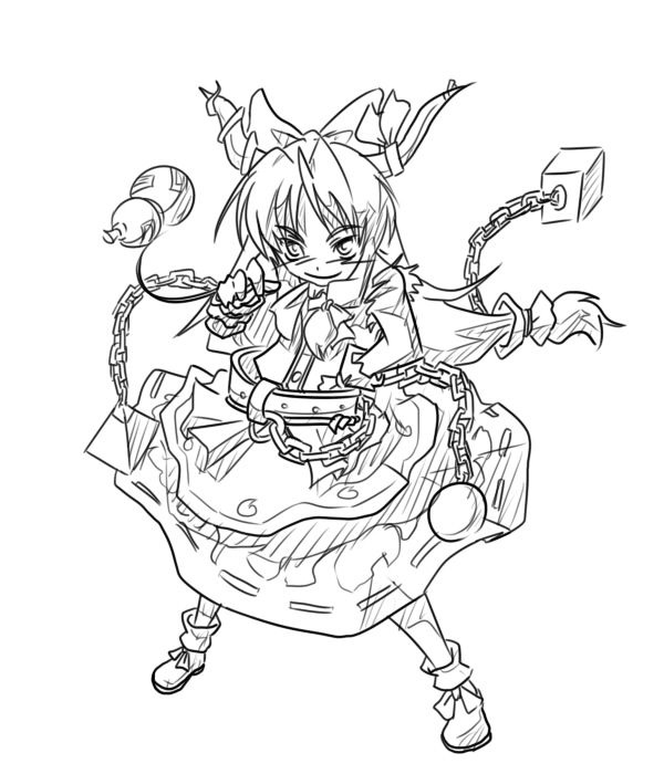 wabi (wbsk), wabi tsubaki, ibuki suika, touhou, 1girl, chain, female focus, greyscale, horn ornament, horn ribbon, horns, long hair, monochrome, ribbon, solo