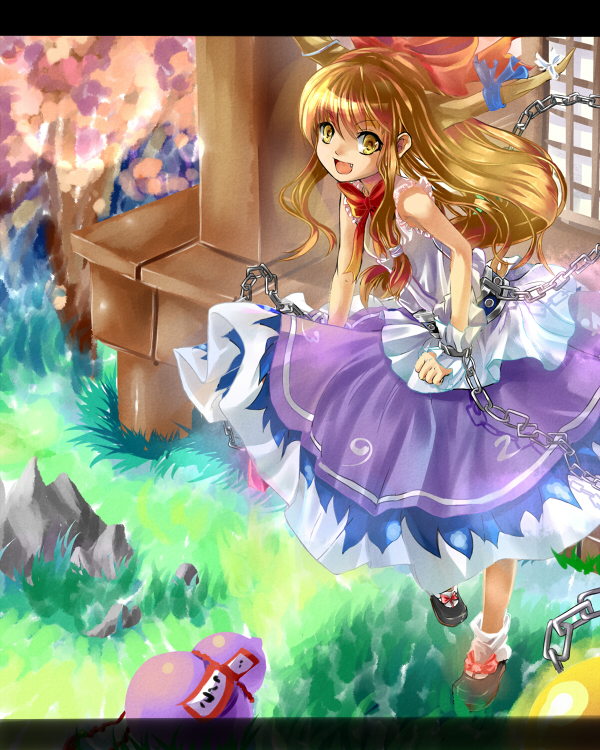 hikariz, ibuki suika, touhou, 1girl, :d, bare shoulders, blue skirt, bottle, bow, bowtie, building, cherry blossoms, female focus, field, full body, grass, hair bow, horns, letterboxed, looking at viewer, oni, open mouth, plant, red bow, red bowtie, rock, shrine, skirt, sliding doors, smile, solo, standing, tree
