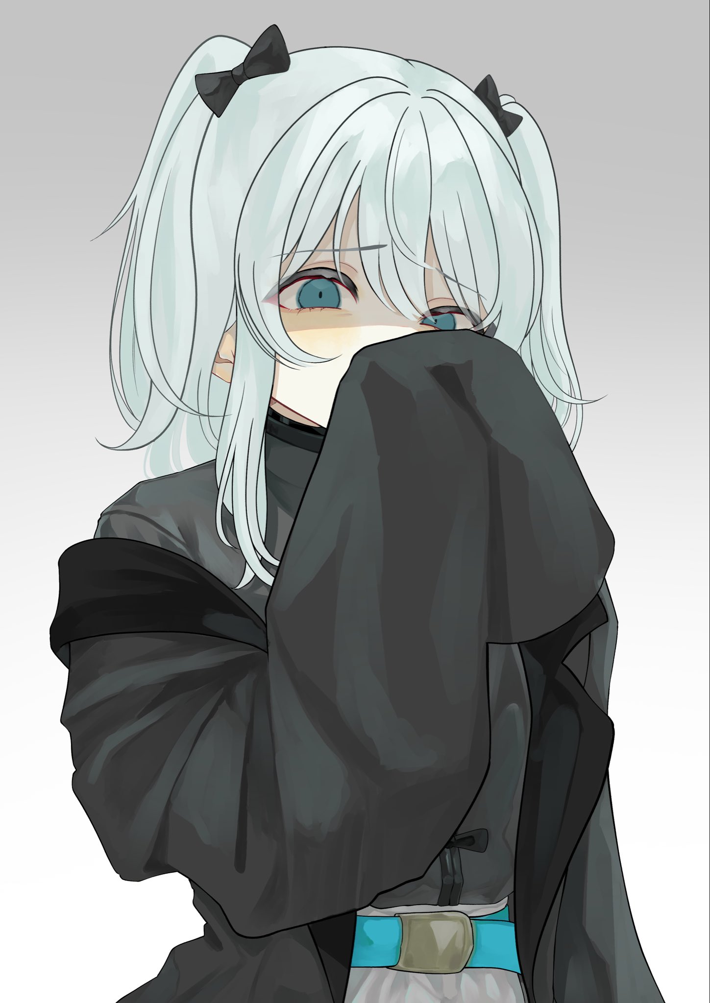 noname (user wkpu7848), nekomugi tororo, indie virtual youtuber, commentary request, highres, 1girl, belt, black bow, black jacket, black shirt, bow, disgust, green eyes, grey background, grey hair, hair bow, jacket, looking at viewer, shirt, sleeves past fingers, sleeves past wrists, solo, two side up, virtual youtuber