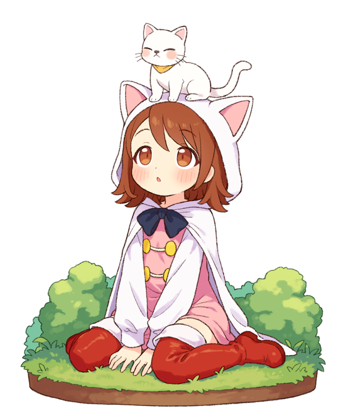 onyhakase, character request, commentary request, copyright request, 1girl, animal, animal on head, boots, brown eyes, brown hair, cat, hood, looking up, on head, sitting, thigh boots, thighhighs