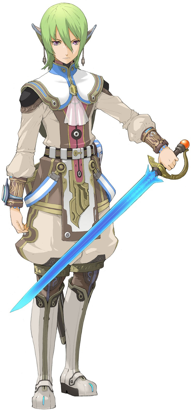 enami katsumi, faize scheifa beleth, star ocean, star ocean: the last hope, highres, official art, 1boy, androgynous, bishounen, boots, bracelet, ear covers, earrings, green hair, jewelry, knee boots, male focus, pointy ears, purple eyes, rapier, solo, standing, sword, weapon