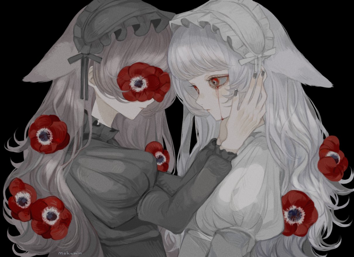 original, 2girls, anemone (flower), animal ears, black background, black hairband, blood, bloody tears, cat ears, closed mouth, covered eyes, expressionless, flower, flower over eye, frilled hairband, frills, grey hair, hair flower, hair ornament, hairband, hand on another's head, juliet sleeves, lolita hairband, long hair, long sleeves, looking at another, m insomnia23, multiple girls, puffy sleeves, red eyes, red flower, simple background, upper body, white hair, white hairband