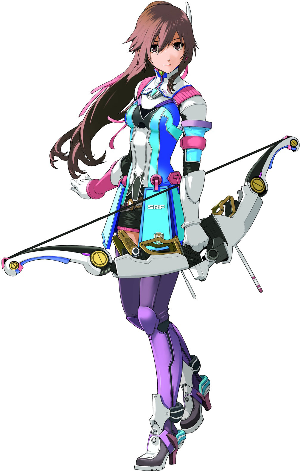 enami katsumi, saionji reimi, star ocean, star ocean: the last hope, highres, official art, 1girl, armor, belt, bow (weapon), brown eyes, brown hair, female focus, gloves, long hair, ponytail, ribbon, skirt, solo, standing, thighhighs, weapon