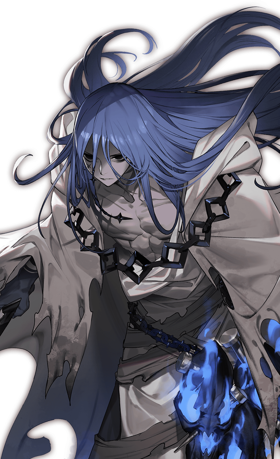 fate/grand order, fate (series), highres, official art, second-party source, 1boy, azrael (fate), bags under eyes, black eyes, blue fire, blue hair, colored skin, cowboy shot, dark-skinned male, dark skin, fire, grey skin, hair between eyes, hair ornament, holding, holding weapon, hooded robe, jewelry, long hair, male focus, nail (hardware), necklace, pectorals, robe, sash, scar, scar on chest, scar on face, skull, solo, torn clothes, torn robe, transparent background, weapon, white robe