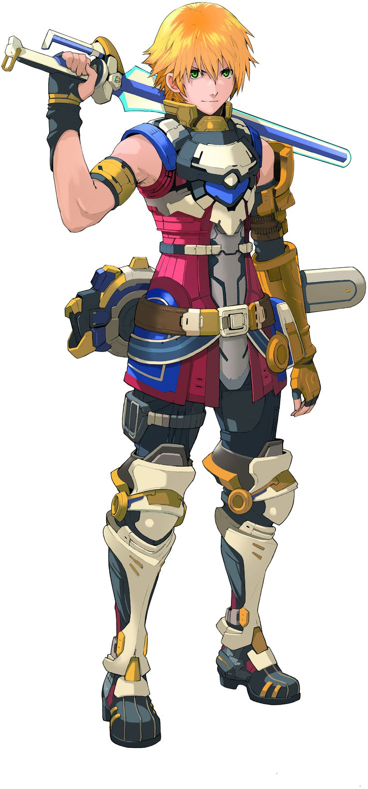 enami katsumi, edge maverick, star ocean, star ocean: the last hope, highres, official art, 1boy, armor, bare shoulders, belt, blonde hair, boots, fingerless gloves, gloves, green eyes, knee boots, male focus, solo, standing, sword, weapon