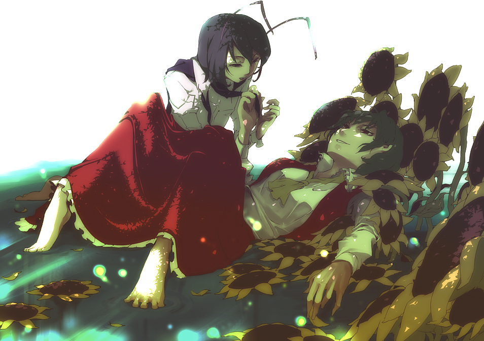 35, kazami yuuka, wriggle nightbug, touhou, bad id, bad pixiv id, 2girls, antennae, ascot, barefoot, cape, dress, feet, female focus, flower, green hair, lying, multiple girls, on back, purple eyes, purple hair, red eyes, skirt, skirt set, smile, sunflower, vest