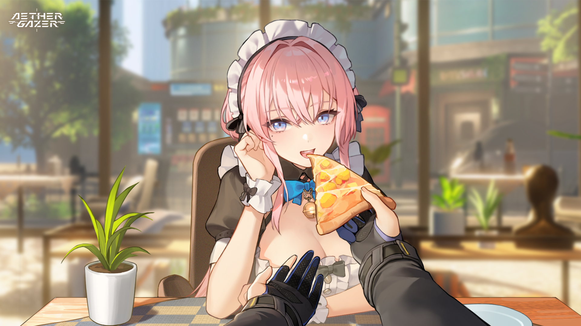aether gazer, artist request, character request, highres, official art, 1girl, bell, black bow, black gloves, blue bow, blue bowtie, blue eyes, blurry, blurry background, bow, bowtie, breasts, center frills, cleavage, copyright name, feeding, food, frills, gloves, holding, holding food, holding pizza, long hair, long sleeves, maid, maid headdress, mole, mole under eye, neck bell, open mouth, partially fingerless gloves, pink hair, pizza, pizza slice, plant, potted plant, pov, pov hands, smile, table, teeth, tree, upper teeth only