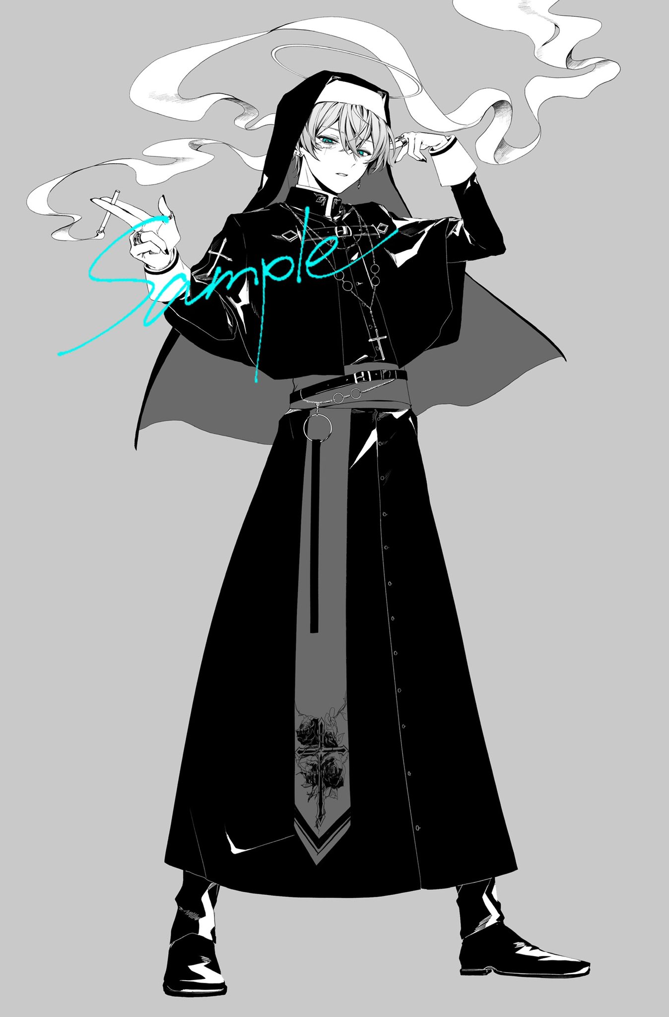 kaguya13 ils, indie virtual youtuber, kamippoina (vocaloid), commission, highres, 1boy, belt, belt buckle, between fingers, buckle, capelet, cassock, cigarette, coif, cross, cross necklace, diamond earrings, ear piercing, earrings, expressionless, finger gun, finger gun to head, full body, green eyes, grey background, greyscale, hair between eyes, half-closed eyes, halo, hands up, holding, holding cigarette, jewelry, kenty (utaite), legs apart, long sleeves, looking at viewer, male focus, mismatched earrings, monochrome, multiple rings, nail polish, necklace, o-ring, pants, parted lips, piercing, priest, ring, robe, rosary, sash, shoes, short hair, sideways glance, simple background, sleeve cuffs, smoke, smoke trail, solo, spot color, standing, stud earrings, traditional halo, utaite, veil, waist sash
