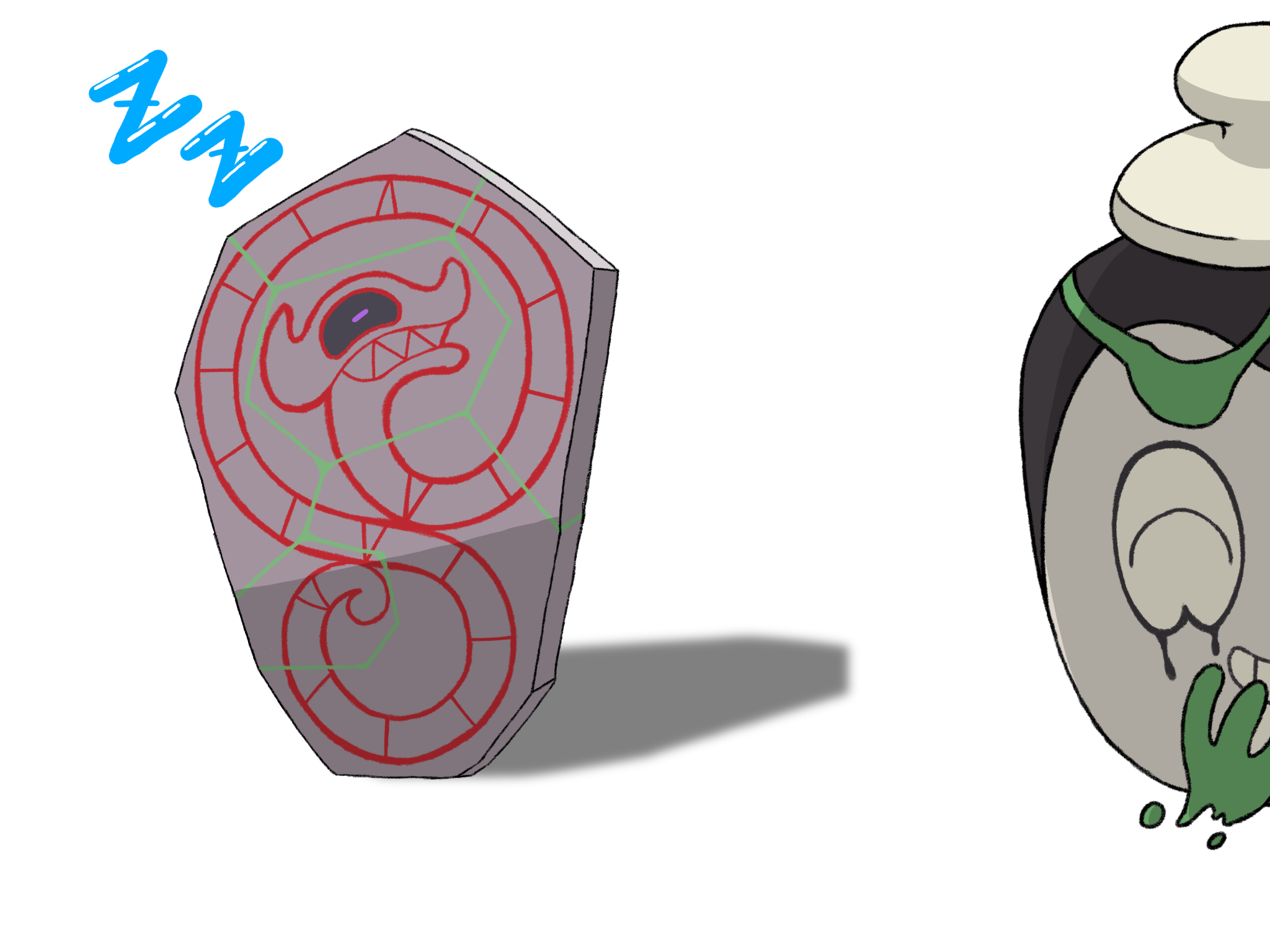 poltchageist, runerigus, nintendo, pokemon, commentary request, highres, 14105179, closed eyes, gen 8 pokemon, grin, kintsugi, no humans, pokemon (creature), pokemon focus, shadow, simple background, sleeping, smile, teeth, white background, zzz