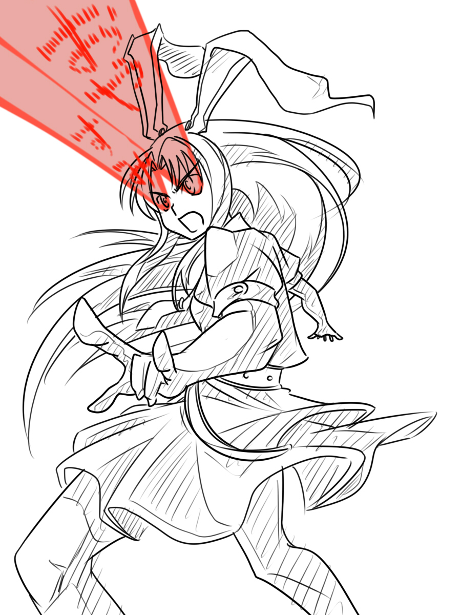 wabi (wbsk), wabi tsubaki, reisen udongein inaba, touhou, highres, translated, 1girl, animal ears, eye beam, female focus, long hair, monochrome, rabbit ears, sketch, solo, spot color
