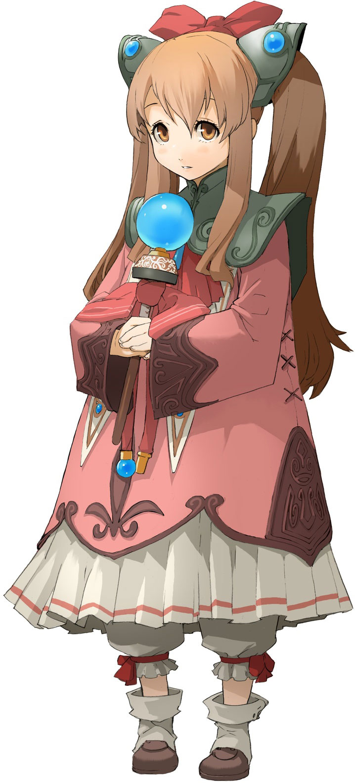 enami katsumi, lymle lemuri phi, star ocean, star ocean: the last hope, highres, official art, 1girl, bloomers, blush, bow, brown eyes, brown hair, child, dress, female focus, full body, hair bow, long hair, rod, simple background, solo, standing, twintails, underwear, white background, white bloomers