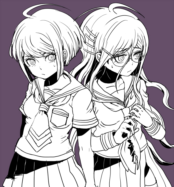 saita794, fukawa toko, naegi komaru, danganronpa (series), danganronpa another episode: ultra despair girls, commentary request, ahoge, breast pocket, breasts, closed mouth, collarbone, collared shirt, eyelashes, glasses, greyscale with colored background, hair between eyes, hair ornament, hairclip, long hair, long sleeves, messy hair, monochrome, neckerchief, necktie, pocket, purple background, round eyewear, sailor collar, school uniform, serafuku, shirt, short hair, short sleeves, sidelocks, skirt, sweatdrop, torn clothes, torn neckerchief, torn skirt