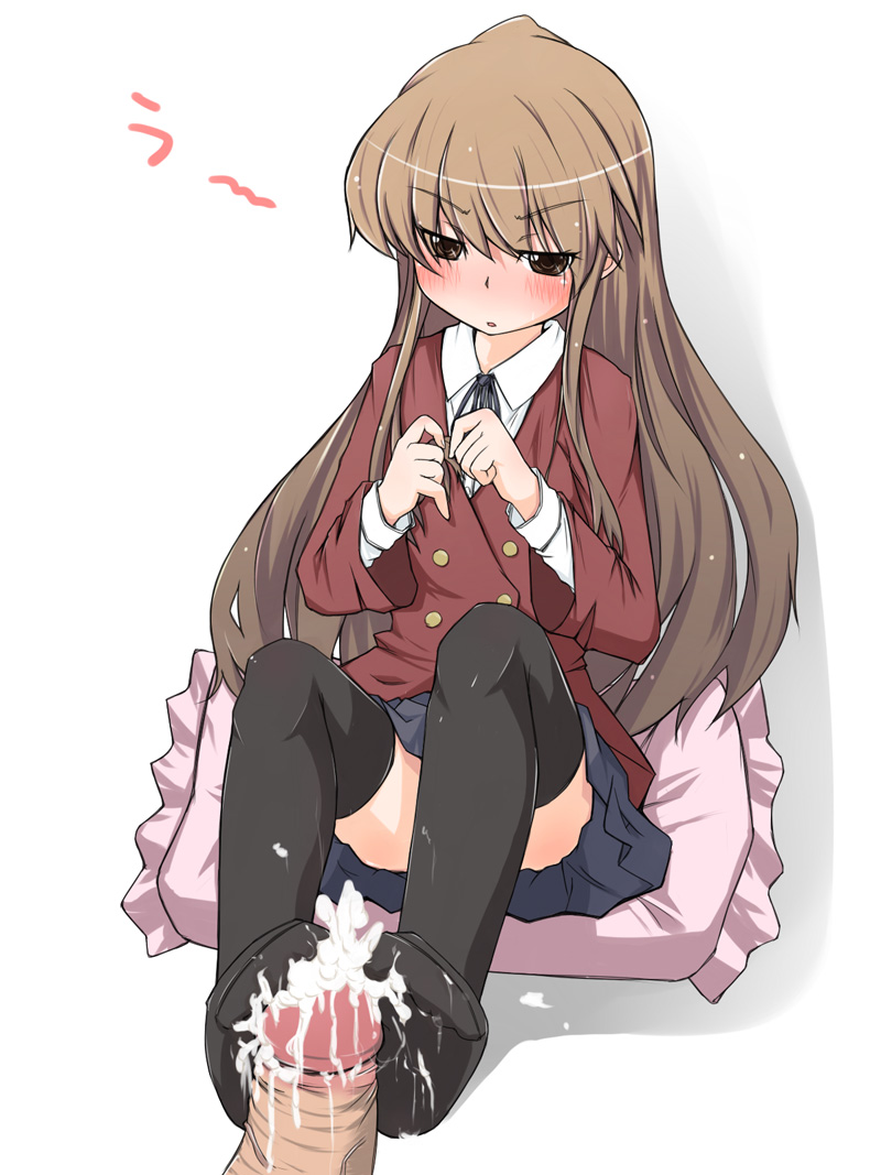 asana tsukune, aisaka taiga, toradora!, 00s, 1boy, 1girl, annoyed, black thighhighs, blush, brown eyes, brown hair, clothed sex, cum, cum on body, cum on feet, cum on lower body, ejaculation, feet, flat chest, footjob, footjob with legwear, frilled pillow, frills, full-face blush, half-closed eyes, hetero, long hair, long sleeves, looking at viewer, parted lips, penis, pillow, pov, school uniform, simple background, sitting, skirt, solo focus, spread legs, thighhighs, uncensored, white background