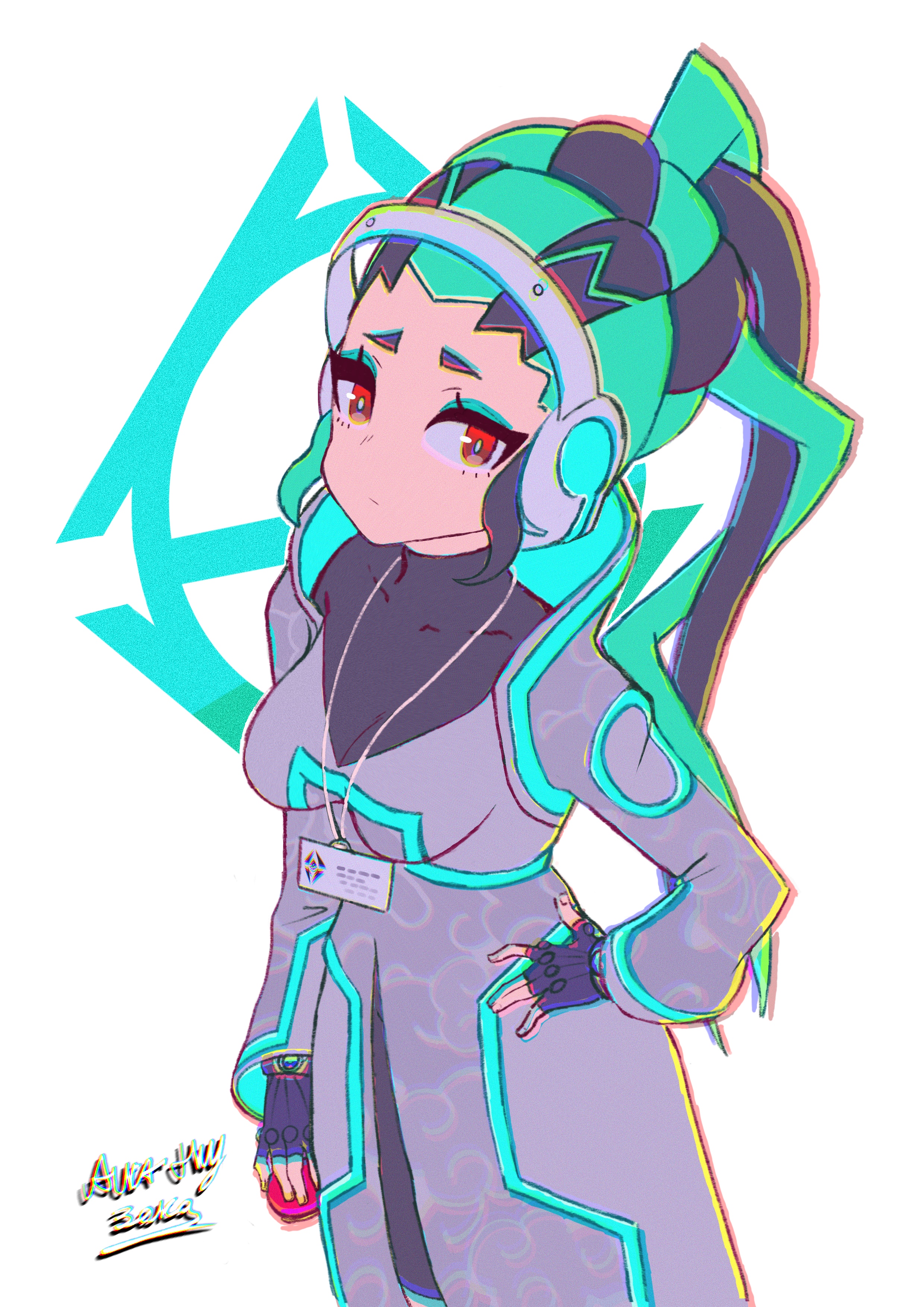 aurax118, professor phorus, nintendo, pokemon, pokemon unite, absurdres, commentary, english commentary, highres, 1girl, black gloves, black hair, breasts, closed mouth, eyelashes, eyeshadow, fingerless gloves, flat color, gloves, green eyeshadow, green hair, green pupils, hand on own hip, headset, holding, id card, lab coat, long hair, long sleeves, makeup, multicolored hair, ponytail, red eyes, signature, simple background, solo, two-tone hair, white background