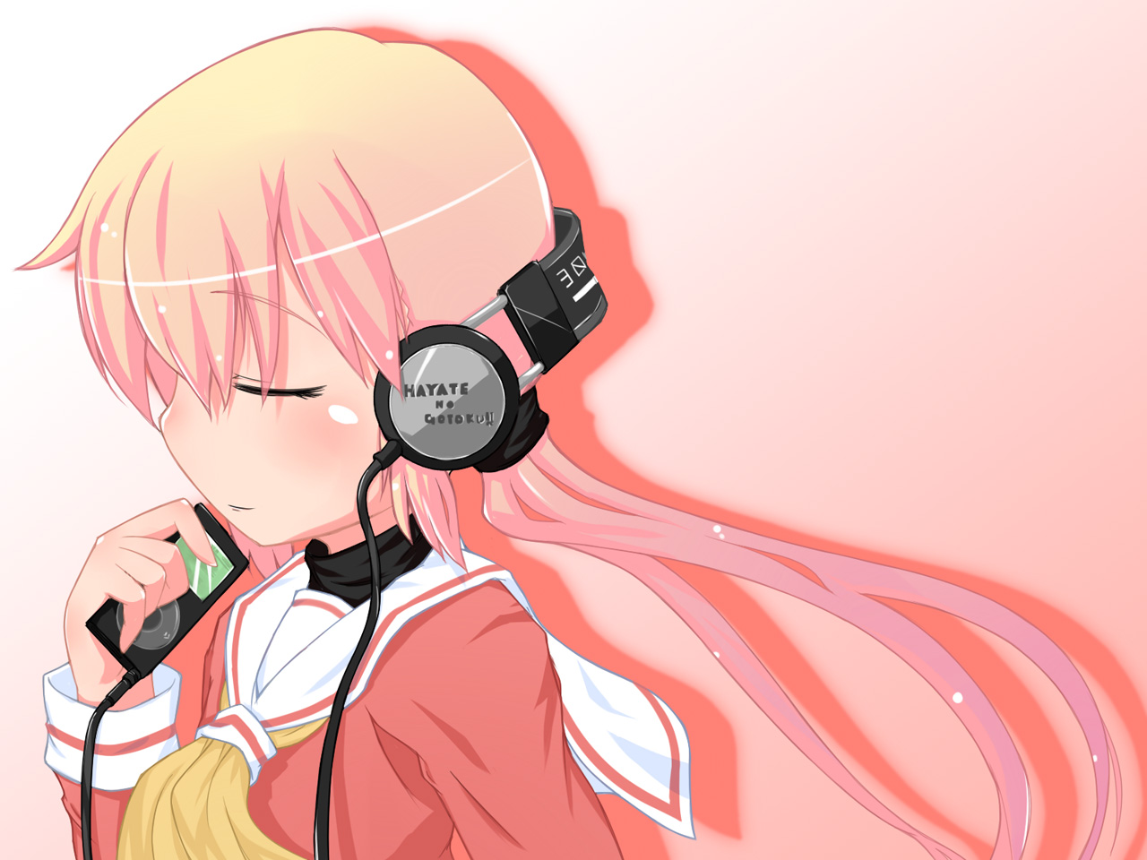asana tsukune, katsura hinagiku, sanzen'in nagi, hayate no gotoku!, 00s, 1girl, blonde hair, closed eyes, digital media player, female focus, headphones, ipod, listening to music, long hair, pink hair, school uniform, solo, twintails