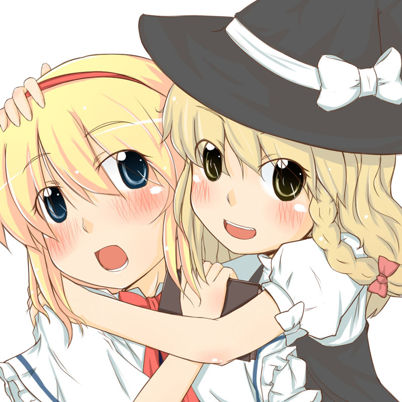 asana tsukune, alice margatroid, kirisame marisa, touhou, 2girls, blonde hair, blue eyes, blush, book, braid, close-up, female focus, hairband, hand on another's head, hat, hug, long hair, multiple girls, short hair, smile, witch hat, yellow eyes