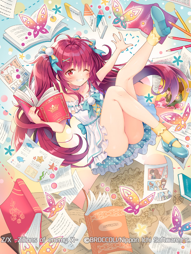 serino itsuki, z/x, official art, 1girl, aqua bow, aqua choker, aqua dress, aqua shoes, book, bow, bug, butterfly, choker, clenched teeth, copyright notice, dress, frilled dress, frills, hair bow, hair ornament, hairpin, insect, long hair, looking at viewer, multicolored dress, nei (z/x), one eye closed, open book, paper, pencil, pom pom hat ornament, red eyes, red hair, shoes, smile, socks, solo, teeth, twintails, white dress, yellow socks
