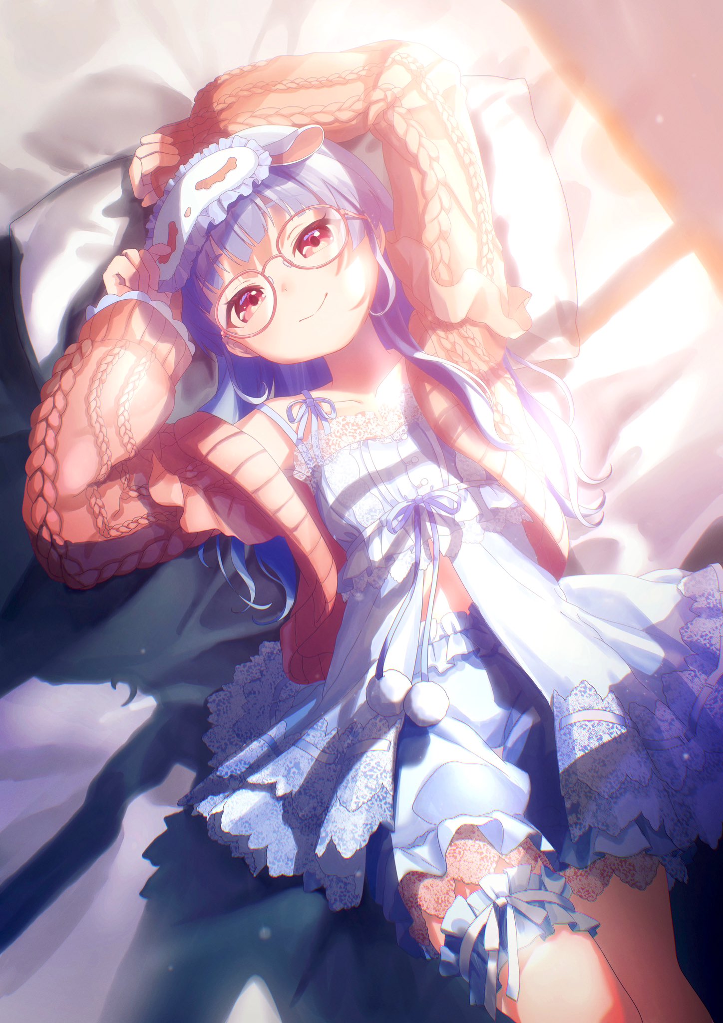 mochiusasa, hyodou shizuku, idoly pride, commentary, highres, 1girl, blue dress, blue hair, blue shorts, blunt bangs, brown cardigan, cardigan, closed mouth, dress, feet out of frame, glasses, long hair, long sleeves, looking at viewer, lying, on back, on bed, open cardigan, open clothes, pillow, red-framed eyewear, red eyes, shorts, sleep mask, sleeveless, sleeveless dress, smile, solo