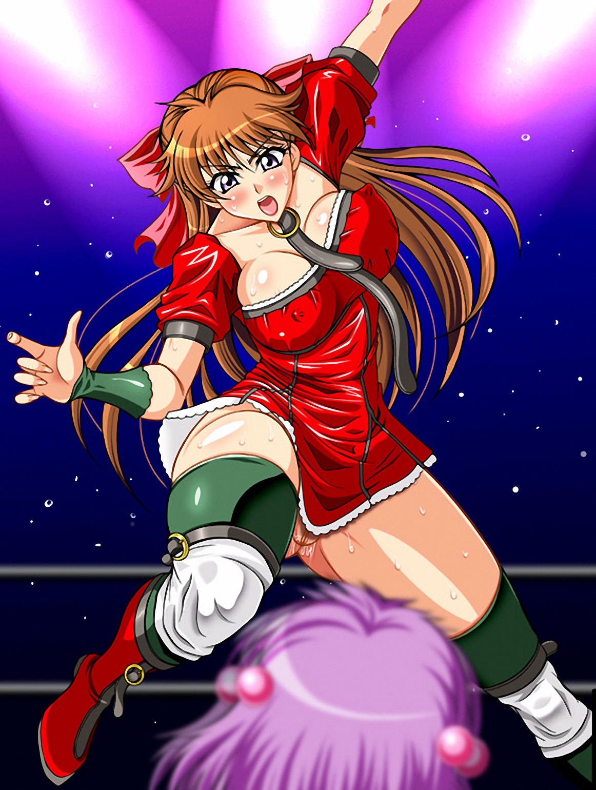 rainkeru, mutou megumi, yuuki chigusa, wrestle angels, highres, md5 mismatch, resolution mismatch, source smaller, 2girls, action, angry, arm up, blue eyes, blush, boots, bow, breasts, brown hair, covered erect nipples, dress, hair bobbles, hair bow, hair ornament, jumping, knee pads, large breasts, long hair, motion blur, multiple girls, no panties, open mouth, purple hair, pussy, pussy juice, shiny clothes, short dress, short hair, skin tight, spread legs, thighhighs, thighs, uncensored, wrestler, wrestling, wrestling ring