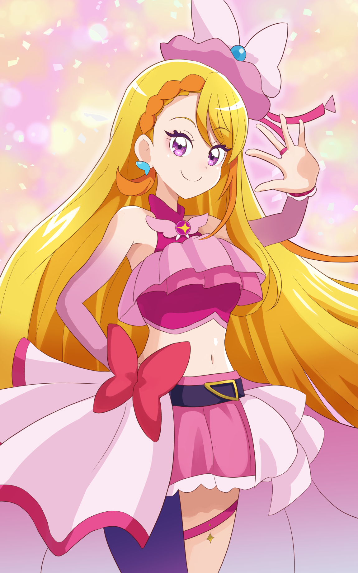 cure butterfly, hijiri ageha, hirogaru sky! precure, precure, commentary, highres, 1girl, arm behind back, bare shoulders, belt, black belt, blonde hair, blurry, bokeh, bow, bow skirt, braid, braided bangs, bridal gauntlets, brooch, butterfly earrings, butterfly hat ornament, closed mouth, crop top, depth of field, earrings, frills, gradient background, hand up, hat, hat ornament, jewelry, kei yunokawa, legs together, long hair, looking at viewer, magical girl, microskirt, midriff, mob cap, multicolored hair, navel, open hand, orange hair, pantyhose, pink background, pink bridal gauntlets, pink hat, pink skirt, pink wrist cuffs, purple eyes, purple pantyhose, red bow, showgirl skirt, single leg pantyhose, skirt, sleeveless, smile, solo, spread fingers, standing, thigh strap, tilted headwear, two-tone background, two-tone hair, very long hair, waving, wing brooch, wrist cuffs, yellow background