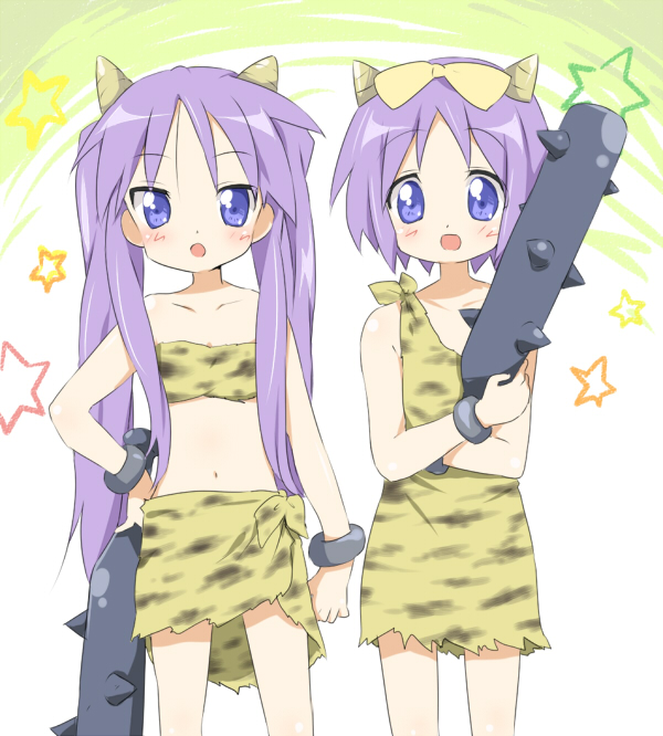 maruki (punchiki), hiiragi kagami, hiiragi tsukasa, lucky star, bad id, bad pixiv id, 2girls, animal print, blue eyes, blush, club (weapon), cosplay, horns, kanabou, long hair, midriff, multiple girls, navel, oni, purple hair, ribbon, short hair, siblings, sisters, skirt, standing, tiger print, twins, twintails, weapon