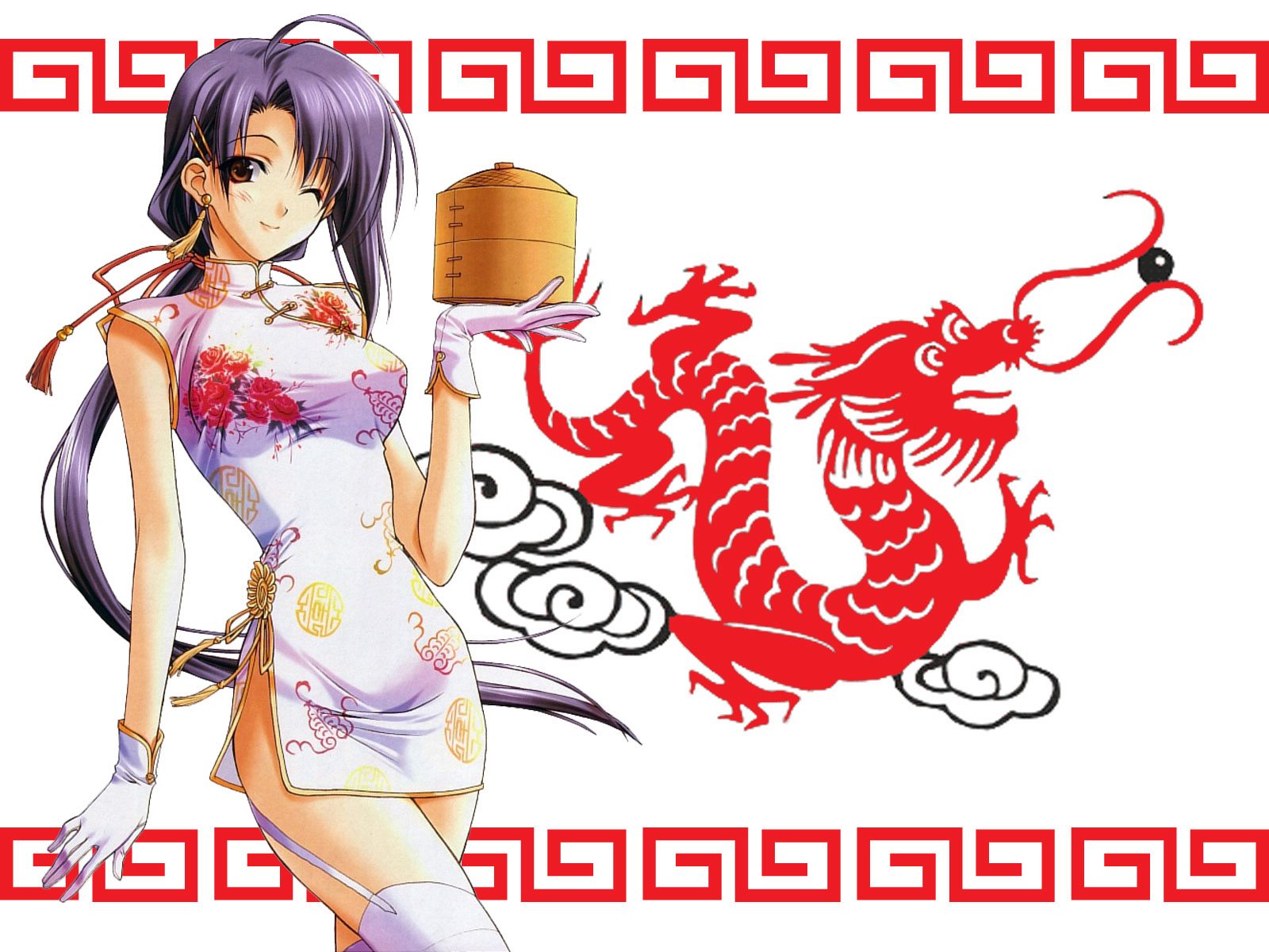 suzuhira hiro, kinoshita takako, pia carrot (series), pia carrot e youkoso!!, pia carrot e youkoso!! 3, highres, 1990s (style), bamboo steamer, china dress, chinese clothes, dress, garter belt, gloves, long hair, one eye closed, purple hair, retro artstyle, smile, thighhighs, wink
