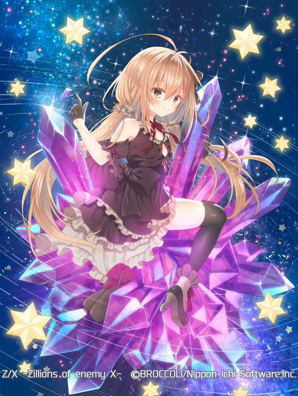 serino itsuki, z/x, official art, 1girl, antenna hair, black bow, black dress, black gloves, black shoes, black thighhighs, bow, brown hair, closed mouth, dress, dress bow, gem, gloves, hair ornament, hair scrunchie, high heels, kurosaki kasuga, long hair, low twintails, purple gemstone, scrunchie, shoes, solo, space, sparkle, thighhighs, twintails
