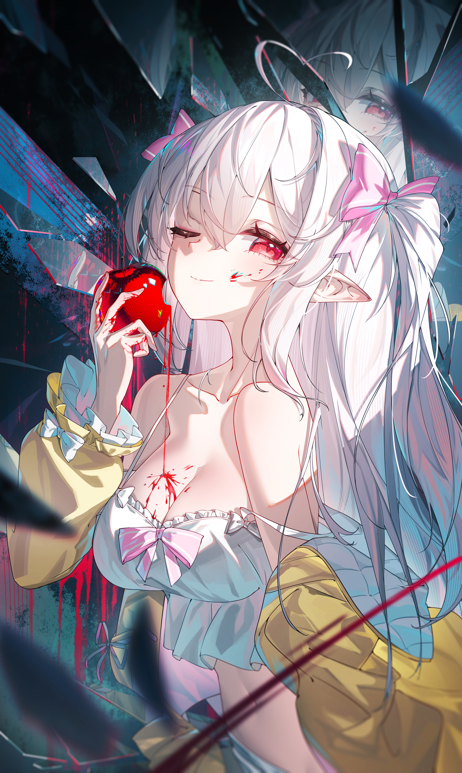 qys3, a simple life with my unobtrusive sister, absurdres, chinese commentary, commentary request, highres, 1girl, ahoge, ambiguous red liquid, apple, bare shoulders, black background, blood, blood drip, blood on face, blood on hands, blurry, bow, breasts, broken glass, camisole, cleavage, closed mouth, collarbone, crop top, depth of field, food, frilled camisole, frills, fruit, glass, glass shards, hair between eyes, hair ribbon, hand up, heart, heart ahoge, holding, holding food, holding fruit, jacket, large breasts, long hair, long sleeves, looking at viewer, midriff, navel, off shoulder, one eye closed, pink ribbon, pointy ears, red eyes, reflection, ribbon, shorts, sleeve bow, smile, solo, spaghetti strap, strap slip, two-sided fabric, two-sided jacket, two side up, very long hair, white bow, white camisole, white hair, white shorts, yellow jacket