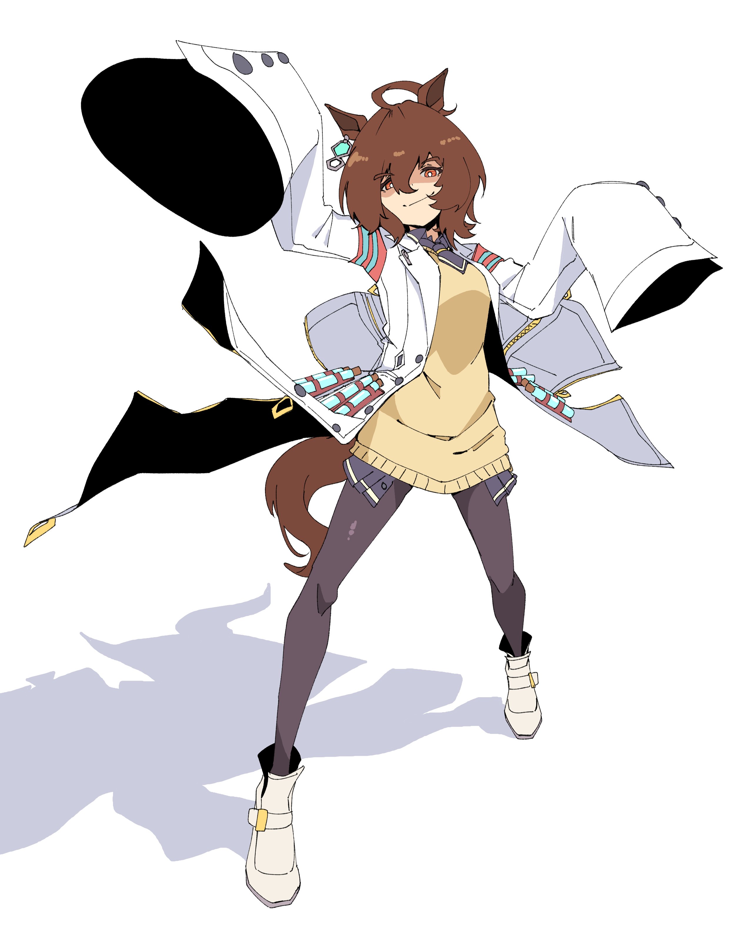 archives.gokulism, agnes tachyon (tach-nology) (umamusume), agnes tachyon (umamusume), umamusume, umamusume: beginning of a new era, absurdres, highres, ahoge, animal ears, chemical structure, earrings, holding, holding test tube, horse ears, horse girl, horse tail, huge ahoge, jewelry, lab coat, necktie, short necktie, single earring, sleeves past fingers, sleeves past wrists, sweater, sweater vest, tail, test tube, wolf cut, yellow sweater, yellow sweater vest