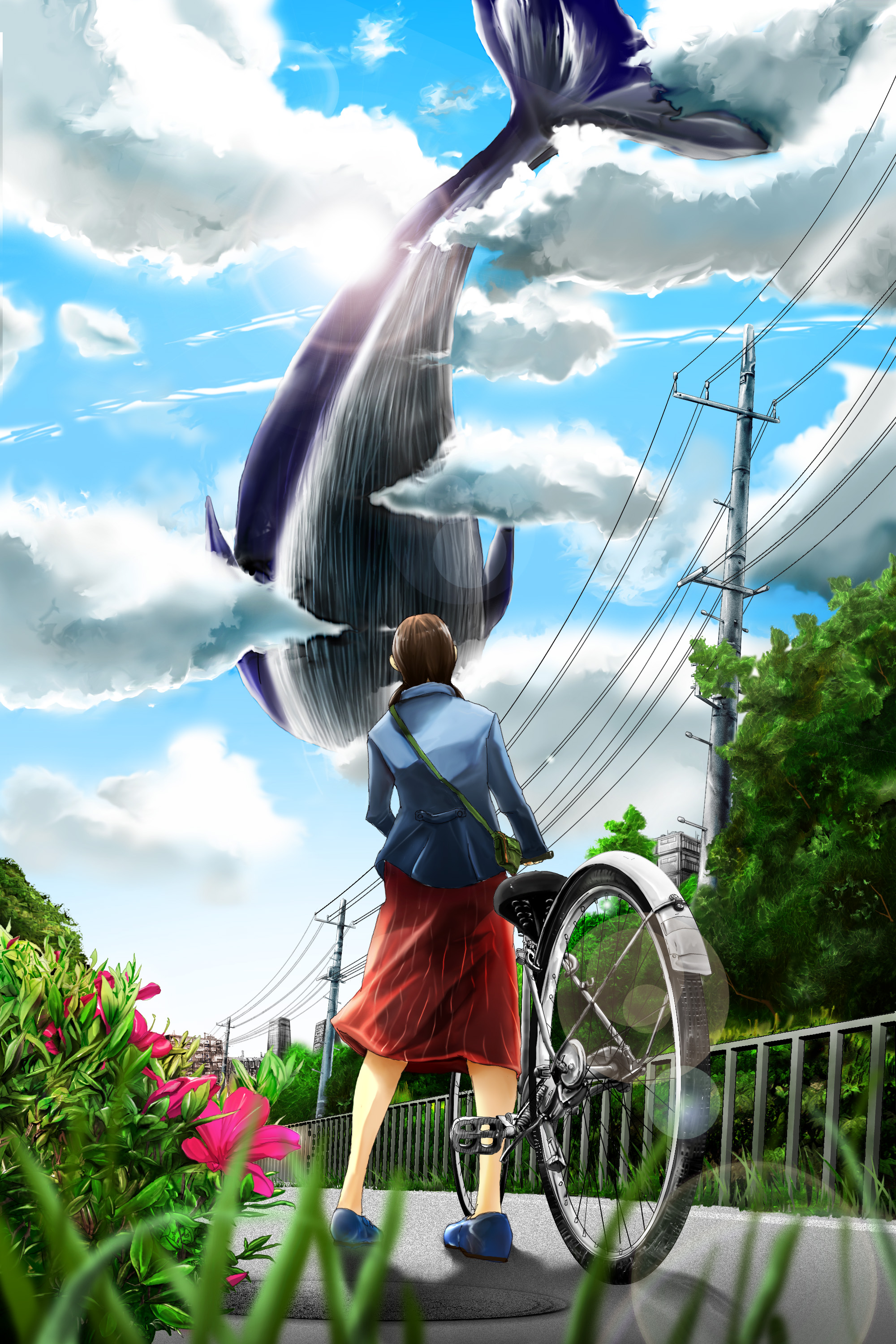 71 (nanaichi drafting), saishuu shiken kujira, absurdres, highres, 00s, 1girl, azalea (flower), bag, bicycle, cloud, day, female focus, flower, flying whale, from below, no socks, power lines, pushing bicycle, shoulder bag, sky, solo, sun, surreal, whale