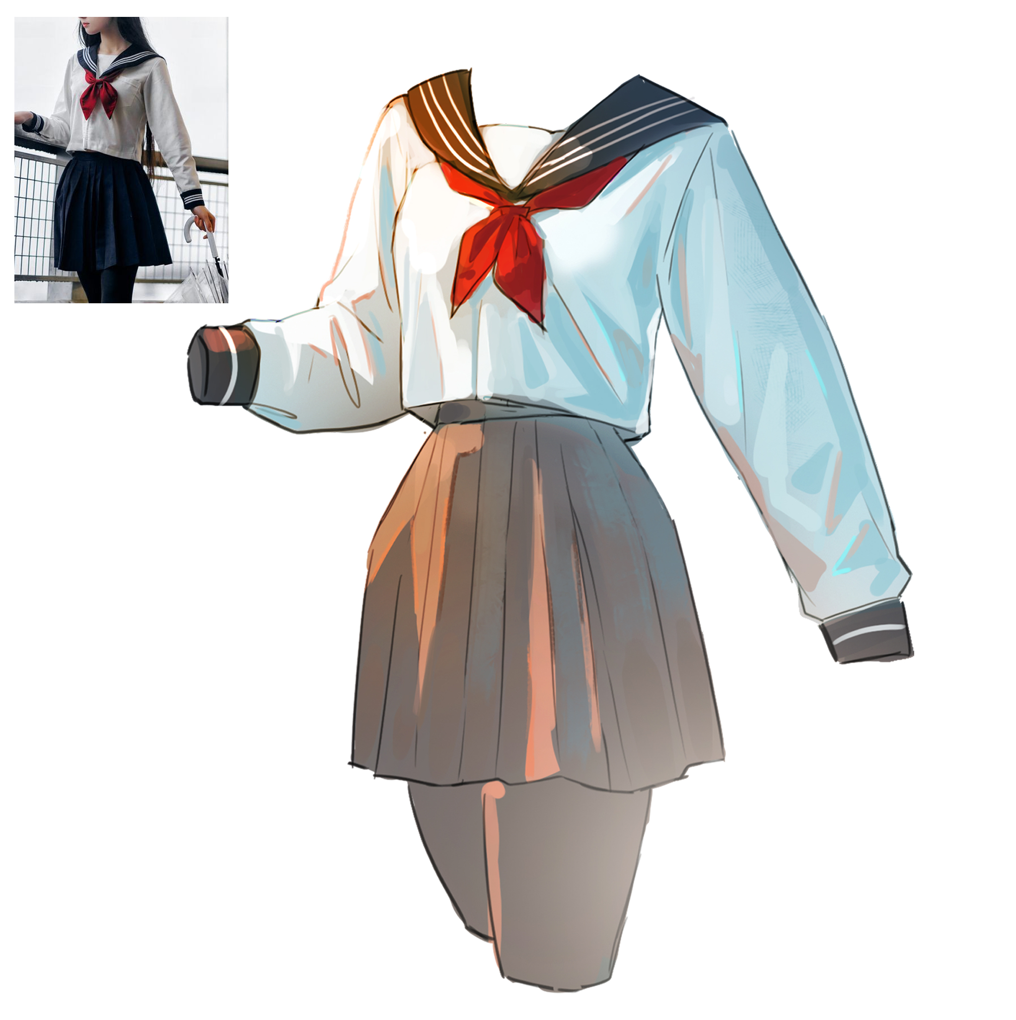 shouz, original, art study, commentary, english commentary, highres, 1girl, black pantyhose, black sailor collar, black skirt, breasts, cropped legs, long sleeves, neckerchief, pantyhose, photo inset, red neckerchief, reference inset, sailor collar, shirt, simple background, skirt, small breasts, solo, white background, white shirt