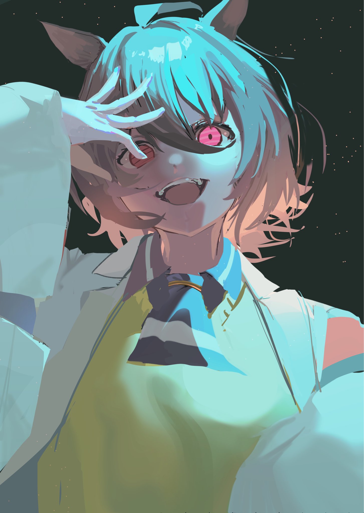 agnes tachyon (tach-nology) (umamusume), agnes tachyon (umamusume), umamusume, umamusume: beginning of a new era, highres, 1girl, ahoge, animal ears, chemical structure, earrings, horse ears, horse girl, huge ahoge, jewelry, lab coat, murabt075, necktie, portrait, short necktie, single earring, sleeves past fingers, sleeves past wrists, solo, sweater, sweater vest, test tube, wolf cut, yellow sweater, yellow sweater vest