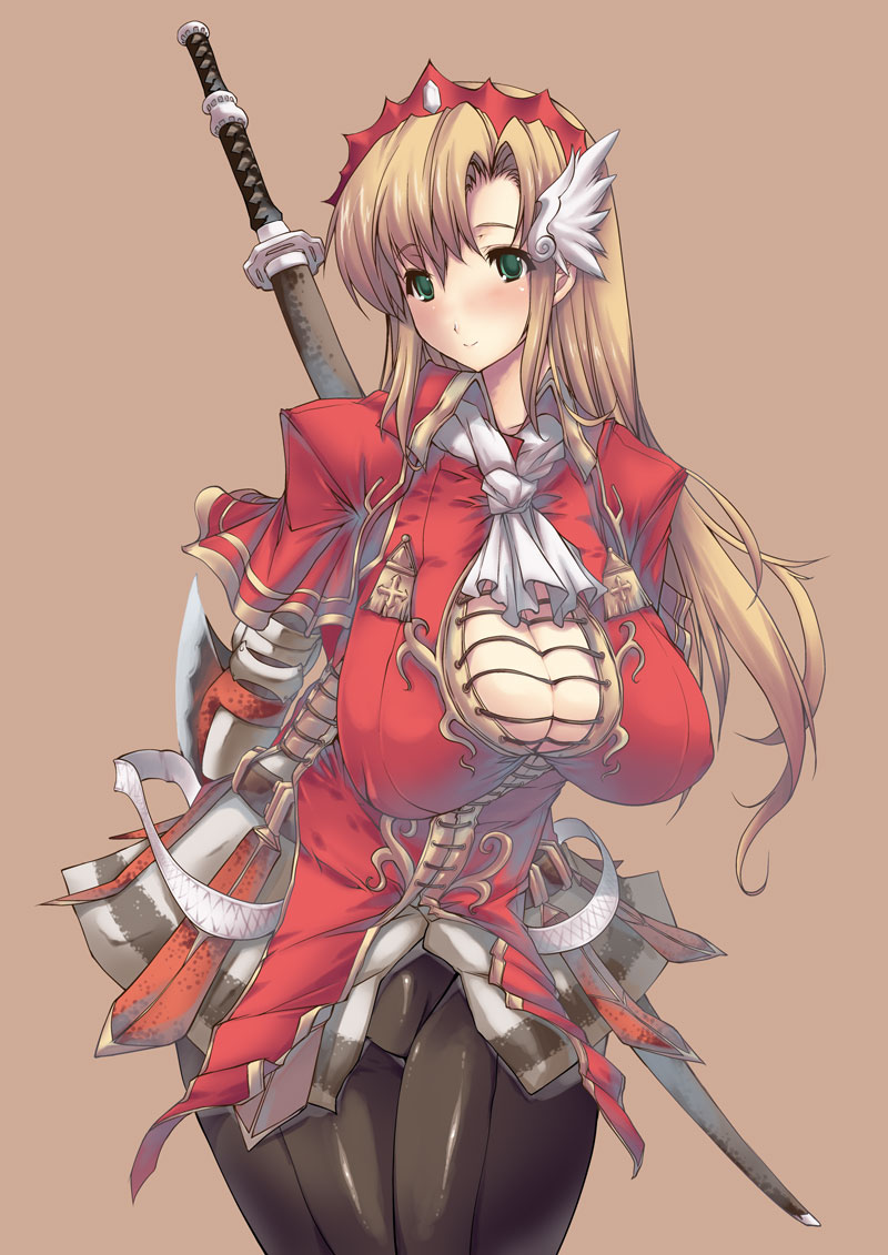 erect sawaru, capcom, monster hunter (series), character request, 1girl, armor, blush, breasts, cleavage, curvy, female focus, green eyes, huge breasts, katana, long hair, ootachi, smile, solo, sword, thighs, tiara, weapon